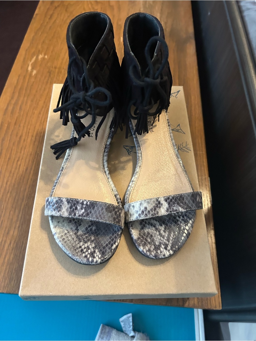 Indigo Black Fringe Sandals with Snakeskin Strap with box. Worn a few times.